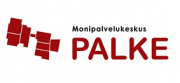 Punainen tekstilogo Monitoimikeskus PALKE -logo.