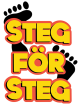 Mustat jalanjäljet ja niiden päällä keltainen punareunainen teksti Sted för Steg.