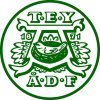 Vihreä sävyinen kuva, ylhäällä TEY -kirjaimset, sen alla vuosiluku 1821 ja lintu pesässä, alla kirjaimet ÅDF.