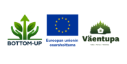 Vihreät kädet ja kasvinlehdet, teksti bottom-up, Euroopan unionin logo ja Väentuvan logo, jossa piirrosmetsä ja valkoinen talo.