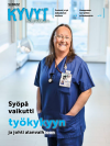 Kyvyt käyttöön -lehden kansi jossa nainen sinisessä sairaanhoitajan asussa sairaalan käytävällä.