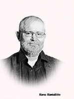 Mustavalkoinen piirroskuva Jari Lindströmistä, parta ja silmälasit.