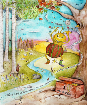 Piirroskuva, missä fiktiivinen sammakko hyppii iloisesti metsässä puron rannalla. Hän on löytänyt aarrearkun, joka on raoallaan. Purossa virtaa kirjoitusta: Muita aina luottaa itseesi ja usko unelmiisi.