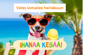 Koira rannalla, aurinkolasit päässä ja jäätelötötterö tassussa. Taustalla palmu. Tekstit: Vates lomailee heinäkuun. Ihanaa kesää!
