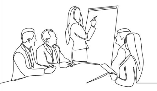 Neljä ihmishahmoa pöydän ääreessä katsoo kun naishahmo kirjoittaa fläppitaululle (piirroskuva).