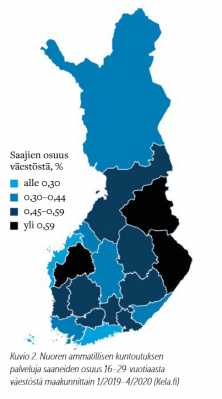 Kuvio 2. Suomen kartta - Nuoren ammatillisen kuntoutuksen palveluja saaneiden osuus 16–29-vuotiaasta väestöstä maakunnittain 1/2019–4/2020.