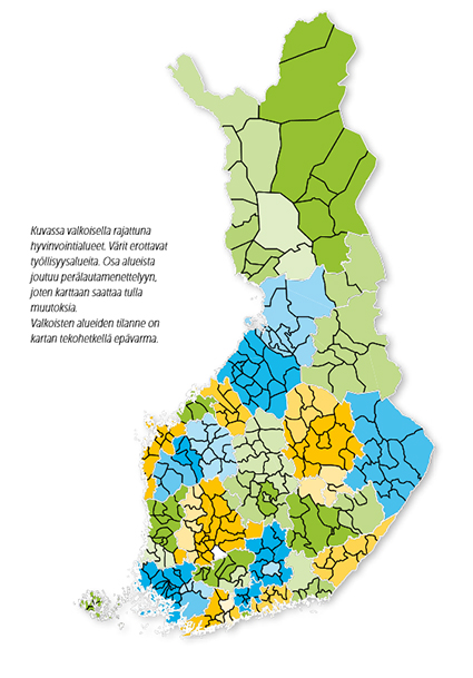 Suomenkartta, johon merkitty hyvinvointialueet ja työllisyysalueet.