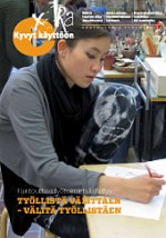 kuva naisesta työllistämisyksikön ompelimossa ja linkki lehden pdf-tiedostoon.