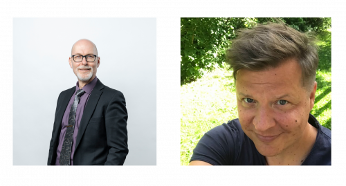 Kaksi valokuvaa vierekkäin. Jarmo Hänninen, silmälasit ja puvun takki ja Tom Tarvainen, ruskeat hiukset, selfie.