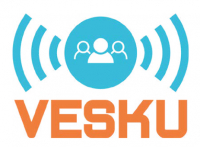 Hankkeen logo - siniset ääniaallot ja VESKU-teksti oranssilla.