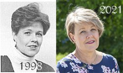 HEnkilön kuva vuodelta 1998 ja 2021. Lyhyet hiukset, toisessa tummemmat, toisessa kukallinen paita ja taustalla pensas. 