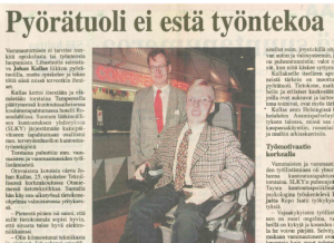 Pyörätuoli ei estä työntekoa (Aamulehti 1996)