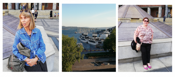 Kolme valokuvaa rinnakkain. Laitimmaisissa naishenkilöt ulkona, toinen katsoo kameraan, toinen ei, taustalla Oslon kaupungintaloa. Keskellä näkymä ikkunasta satamaan, jossa näkyy laivoja. 
